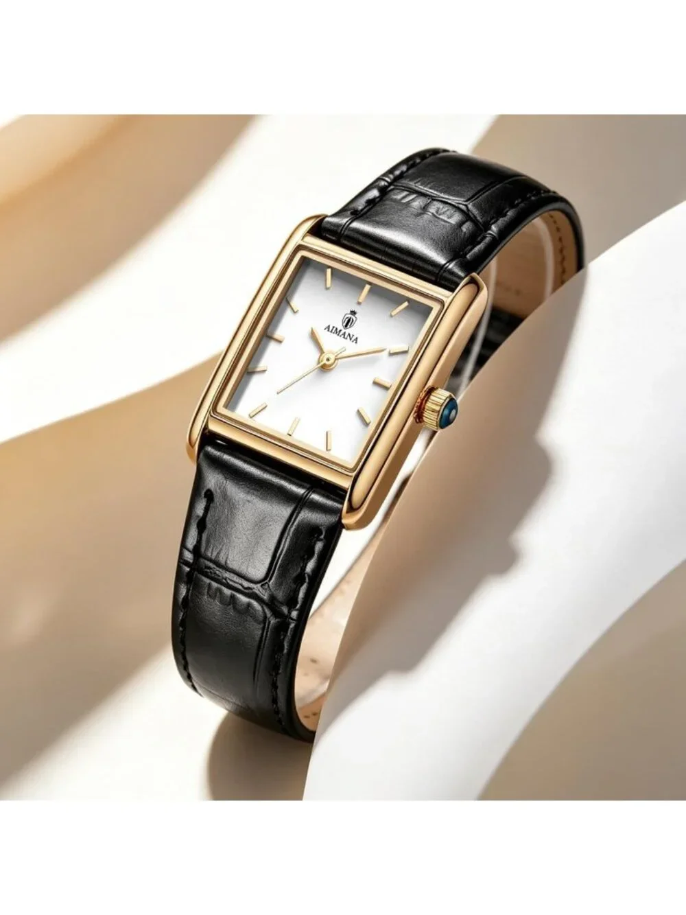Women's Gold Case Black Rectangle Vintage Leather Strap  Quartz Movement Watch
